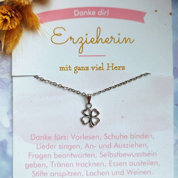 Kette mit Kleeblatt - Danke liebe Erzieherin / Kindergärtnerin