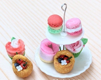 Miniature High Tea Set Diorama for Dollhouse Garden Tea Party, 2-Tier Cake Stand, Mini Cakes, Mini Macarons, Miniature Cake, Dollhouse Food