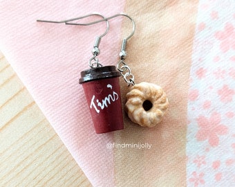Tim's Coffee and Donut Earrings, Miniature Food Earrings, Miniature Food Jewelry, Clay Earrings, Food Charms, Stainless Steal Hook