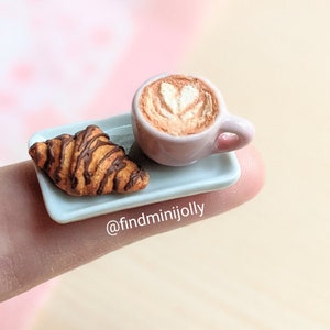 Miniature Cafe Latte, Chocolate Croissant, Miniature Food 1:6, Miniature Bakery, Barbie, Blythe, OMG Dollhouse Food, Polymer Clay Tiny Food