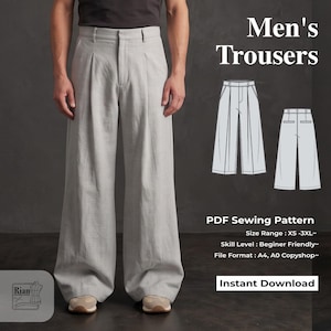 May include: Light gray trousers with a wide-leg silhouette, featuring a waistband with belt loops, a front zipper fly, and pleats. The image includes text: Men's Trousers, PDF Sewing Pattern, Size Range: XS-3XL, Skill Level: Beginner Friendly, File Format: A4, A0 Copyshop, Instant Download.