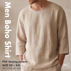 Może przedstawiać: Beżowa koszula z długim rękawem i okrągłym dekoltem. Obraz zawiera tekst: Men Boho Shirt, PDF Sewing pattern, SIZE XS ~ XXL, A4 format, A0 size oraz logo Rian International. Koszula ma widoczną fakturę materiału.