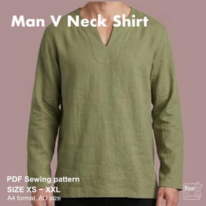 May include: A long-sleeved olive green shirt with a V-neckline. The image includes the text "Man V Neck Shirt", "PDF Sewing pattern", "SIZE XS - XXL", and "A4 format, A0 size". The design features a simple, straight-cut silhouette with long sleeves.
