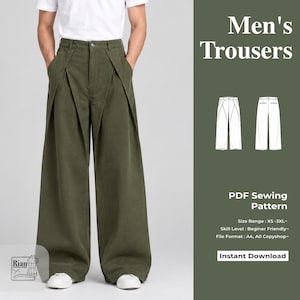 Peut inclure: Pantalon large vert olive avec des plis profonds sur le devant et un t-shirt blanc. L'image contient le texte : Men's Trousers, PDF Sewing Pattern, Size Range: XS-3XL, Skill Level: Beginner Friendly, File Format: A4, A0 Copyshop, Instant Download.