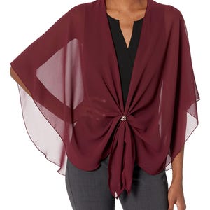 Bridesmaids Shawl Wrap Sheer Chiffon Cape Evening Dress Cover Up Stole with Scarf Ring Set (Burgundy)