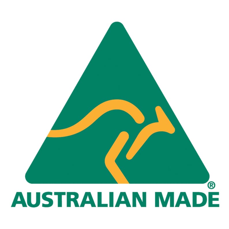 K&ouml;nnte beinhalten: Ein gr&uuml;nes Dreieck mit einem gelben K&auml;nguru darin. Der Text "AUSTRALIAN MADE" befindet sich unter dem Dreieck mit einem eingetragenen Warenzeichen.