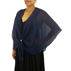 Evening Dress Shawl Wrap Sheer Chiffon Cape Cover Up Womens Dressy Shrug Capelet with Scarf Ring Set (Navy)