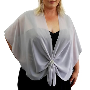 Shoulder Wrap Cover Up Evening Dress Shawl Sheer Chiffon Cape Stole with Scarf Ring Accessory Set Gift for Her(Lt Grey with Silver Flower)