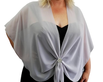 Shoulder Wrap Cover Up Evening Dress Shawl Sheer Chiffon Cape Stole with Scarf Ring Accessory Set Gift for Her(Lt Grey with Silver Flower)