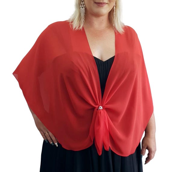 Chiffon Shawl Evening Dress Wrap Cover up Shrug Sheer Cape With Scarf Ring  Accessory Set Gift for Her (red)