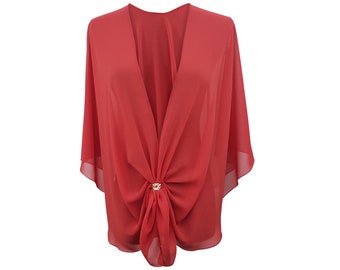 Evening Dress Shawl Wrap. Sheer Chiffon Cape and Scarf Ring Set (Red) by eXcaped