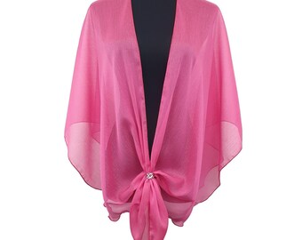 Sparkle Shawl Evening Dress Wrap Simmer Sheer Shrug Chiffon Cape Cover Up with Scarf Ring Set (Hot Pink)