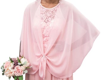 Bridesmaids Dressy Shawl Wrap Accessory Sheer Chiffon Wedding Cape Shrug Shoulder Wrap Stole and Ring Accessory Set (Dusty Rose)