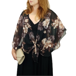 Formal Shawl Wrap Floral Evening Dress Cover Up Women's Sheer Chiffon Cape Dressy Shawl Shrug and Ring Accessory Gift Set  (Evening Garden)