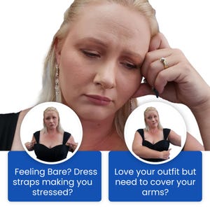 Puede incluir: Imagen promocional de una mujer rubia con un vestido negro. El texto dice: "Feeling Bare? Dress straps making you stressed?" y "Love your outfit but need to cover your arms?"