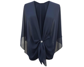 Evening Dress Shawl Wrap. Sheer Chiffon Cape and Scarf Ring Set (Navy) by eXcaped