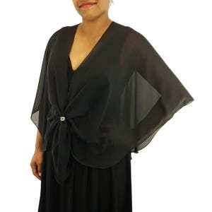 Formal Shawl Wrap Evening Gown Cover Up Shrug Sheer Chiffon Cape Stole with Scarf Ring Set (Black)