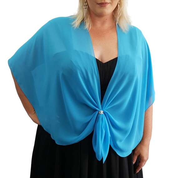 Sheer Chiffon Cape Evening Dress Shawl Wrap Cover up Stole With Scarf Ring  Accessory Set Gift for Her (turquoise)