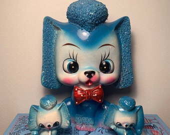 Vintage Rare Arnart Bowtie Kitsch Big Eyes Blue Poodle Family Figurine Set
