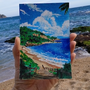 Petit tableau, carte postale, sur papier, peinture originale, peinture acrylique, dessin acrylique la plage, la mer, le paradis, le rêve, la peinture sur table