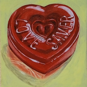 Pintura pequeña, love, amor, Pintura original, pintura acrílica, dibujo acrílico, pastilla de amor, paraiso, sueño, cuadro de mesa, caramelo