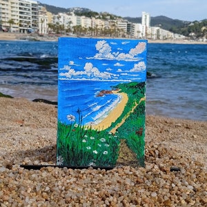 Piccolo dipinto, cartolina, su carta, dipinto originale, dipinto acrilico, disegno acrilico la spiaggia, il mare, il paradiso, il sogno, dipinto da tavolo