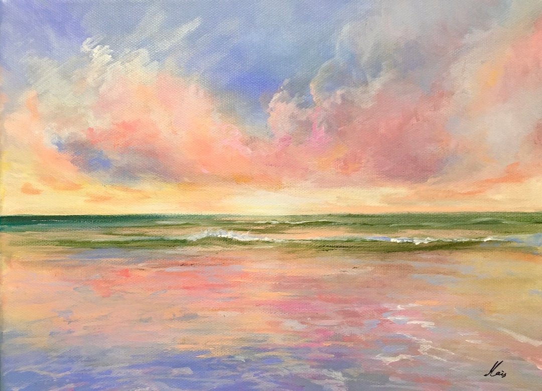 Small Paintings on Canvas Original, Ocean Art Painting, Sunset Painting