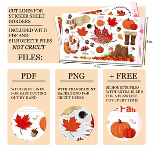 Puede incluir: Hojas de pegatinas con tem&aacute;tica oto&ntilde;al con ilustraciones de calabazas, hojas, zorros y otros elementos de oto&ntilde;o. Las hojas miden 17,78 cm por 10,16 cm. Incluye archivos PDF, PNG y Silhouette. El texto de la hoja dice "Leaves are falling, autumn is calling."