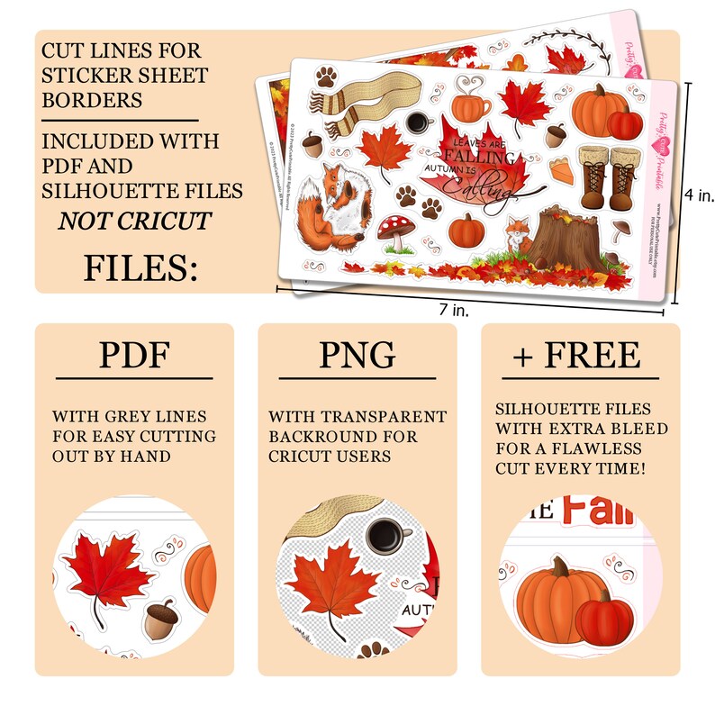 Puede incluir: Hojas de pegatinas con tem&aacute;tica oto&ntilde;al con ilustraciones de calabazas, hojas, zorros y otros elementos de oto&ntilde;o. Las hojas miden 17,78 cm por 10,16 cm. Incluye archivos PDF, PNG y Silhouette. El texto de la hoja dice "Leaves are falling, autumn is calling."