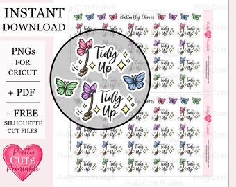 Tidy Up Printable Planner Stickers Butterfly Chore Functional Icon Sticker Digital Spring Cleaning Script Stickers Silhouette & Cricut Files