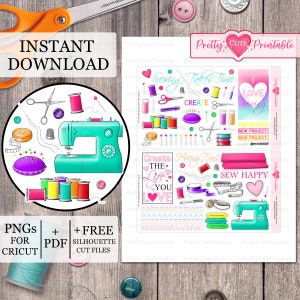 May include: A set of digital stickers featuring sewing themed illustrations. The stickers include a sewing machine, spools of thread, buttons, scissors, needles, and pins. The text on the stickers includes "Sewing Takes Time", "Create the Life You Love", "Sew Happy", and "I Love Sewing".