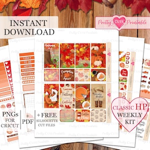 Puede incluir: Un conjunto de pegatinas imprimibles para planificador con temática otoñal. Las pegatinas presentan hojas de otoño, calabazas y los textos "Autumn Adventures" y "Pumpkin Spice". También se ve el texto "Descarga instantánea".