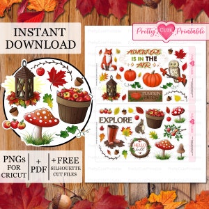 Aventure d'automne imprimable Planner Stickers/Automne citrouille renard hibou pommes Stickers/Happy Planner/Stickers numériques/Silhouette/Fichiers Cricut Cut