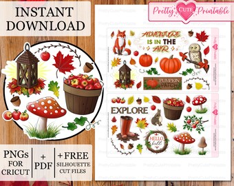 AVENTURA DE OTOÑO Pegatinas de planificador imprimibles/Pegatinas de manzanas de búho de zorro de calabaza de otoño/Planificador feliz/Pegatinas digitales/Silueta/Archivos de corte Cricut