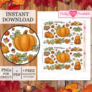 May include: Digital download with pumpkin illustrations. Includes a large orange pumpkin, smaller pumpkins, leaves, and the text "INSTANT DOWNLOAD." Also includes the text "PNGs for Cricut + PDF + FREE SILHOUETTE CUT FILES."