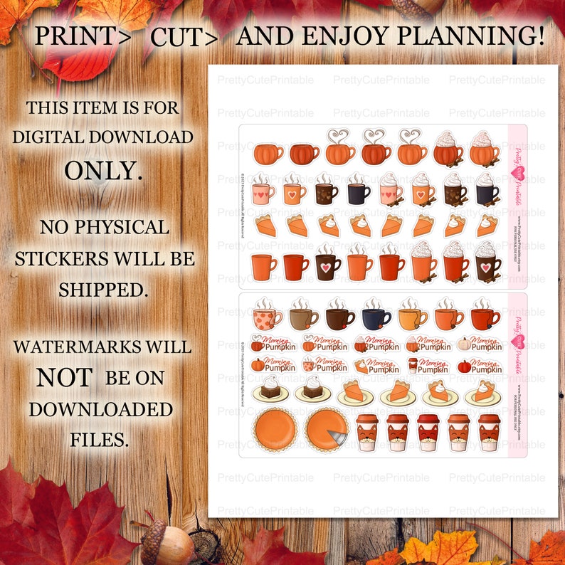 Puede incluir: Hoja de pegatinas de descarga digital con ilustraciones tem&aacute;ticas de oto&ntilde;o. Incluye tazas con forma de calabaza, tazas de caf&eacute;, porciones de pastel y el texto "PRINT > CUT > AND ENJOY PLANNING!" y "Morning Pumpkin".