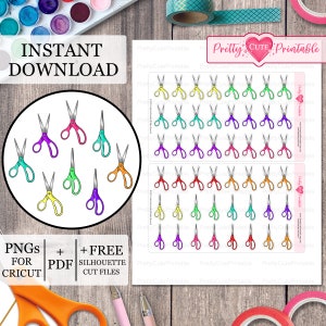 May include: A set of 24 colorful printable stickers featuring a pair of scissors. The stickers are arranged in a grid pattern on a white background. The text "Pretty Cute Printable" is visible in the top right corner of the image.