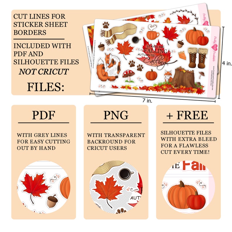 Peut inclure: Un ensemble d'autocollants sur le th&egrave;me de l'automne avec un renard, des feuilles, des citrouilles, des bottes, une tasse de caf&eacute; et une souche d'arbre. Les autocollants mesurent 17,8 cm de large et 10,2 cm de haut. Le texte "Les feuilles tombent, l'automne appelle" est inclus sur les autocollants. Les autocollants sont disponibles aux formats PDF, PNG et Silhouette.