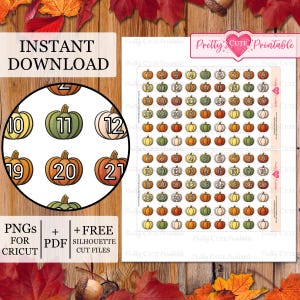 May include: A digital download featuring pumpkin-themed stickers with numbers 1-31. The stickers are in various colors, including orange, green, and yellow. The image also includes text that says "Instant Download" and "PNGs for Cricut".
