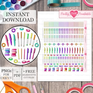May include: A digital download of printable stickers featuring colorful pens, pencils, highlighters, washi tape, and other stationery items. The text "INSTANT DOWNLOAD" and "PNGs for Cricut + PDF + FREE SILHOUETTE CUT FILES" is included in the image.