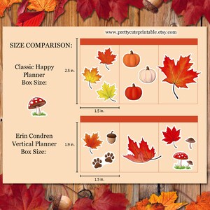 Puede incluir: Un cuadro comparativo de tama&ntilde;os de pegatinas para planificadores con dise&ntilde;os oto&ntilde;ales. El tama&ntilde;o de la caja Classic Happy Planner es de 6,35 cm, y el de la caja Erin Condren Vertical Planner es de 4,83 cm. Pegatinas: calabazas, hojas y setas. Sitio web: prettycuteprintable.etsy.com.