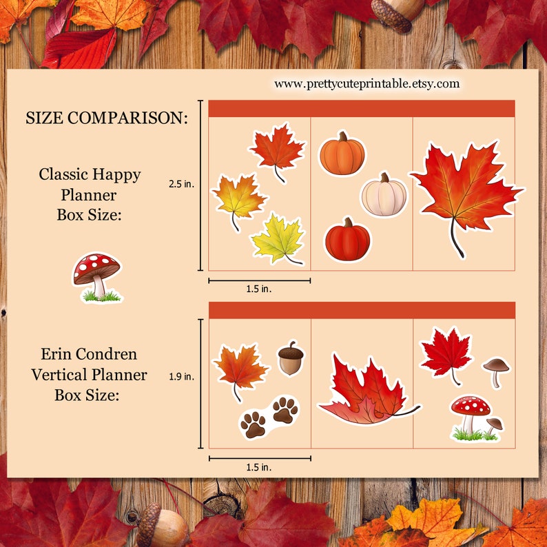 Puede incluir: Un cuadro comparativo de tama&ntilde;os de pegatinas para planificadores con dise&ntilde;os oto&ntilde;ales. El tama&ntilde;o de la caja Classic Happy Planner es de 6,35 cm, y el de la caja Erin Condren Vertical Planner es de 4,83 cm. Pegatinas: calabazas, hojas y setas. Sitio web: prettycuteprintable.etsy.com.