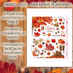 Puede incluir: Hoja de pegatinas de descarga digital con ilustraciones tem&aacute;ticas de oto&ntilde;o. Incluye hojas, calabazas, un zorro y texto que dice "Autumn Leaves and Pumpkins Please" y "Leaves are Falling, Autumn is Calling". Ideal para planificar y crear.