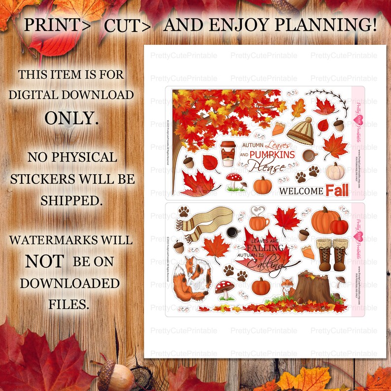 Puede incluir: Hoja de pegatinas de descarga digital con ilustraciones tem&aacute;ticas de oto&ntilde;o. Incluye hojas, calabazas, un zorro y texto que dice "Autumn Leaves and Pumpkins Please" y "Leaves are Falling, Autumn is Calling". Ideal para planificar y crear.