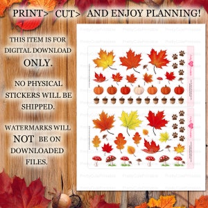 Puede incluir: Descarga digital de pegatinas con tem&aacute;tica oto&ntilde;al con hojas coloridas, calabazas, bellotas y setas. El texto de la imagen dice "PRINT > CUT > AND ENJOY PLANNING!" y "THIS ITEM IS FOR DIGITAL DOWNLOAD ONLY. NO PHYSICAL STICKERS WILL BE SHIPPED. WATERMARKS WILL NOT BE ON DOWNLOADED FILES."