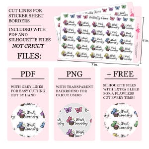 May include: Sheets of laundry-themed stickers with butterfly and floral designs. The stickers are 4 inches tall and 7 inches wide. The image includes instructions for cutting and file types: PDF, PNG, and Silhouette files.