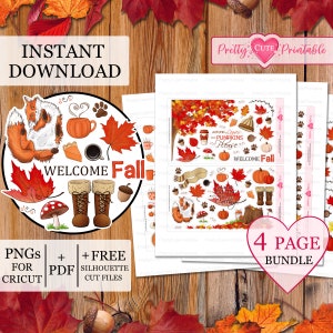 Puede incluir: Un paquete de descarga digital con gr&aacute;ficos tem&aacute;ticos de oto&ntilde;o. El dise&ntilde;o incluye un zorro, calabazas, hojas, botas y el texto "WELCOME Fall". El paquete incluye archivos PNG y PDF para Cricut, con archivos de corte de silueta gratuitos. La imagen tambi&eacute;n dice "4 PAGE BUNDLE".