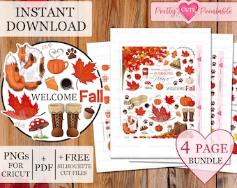 Cozy Fall Printable Planner Sticker Bundle Autumn Themed Bujo Sticker Cute Pumpkin Aesthetic Bullet Journal Silhouette Cricut Png Cut File