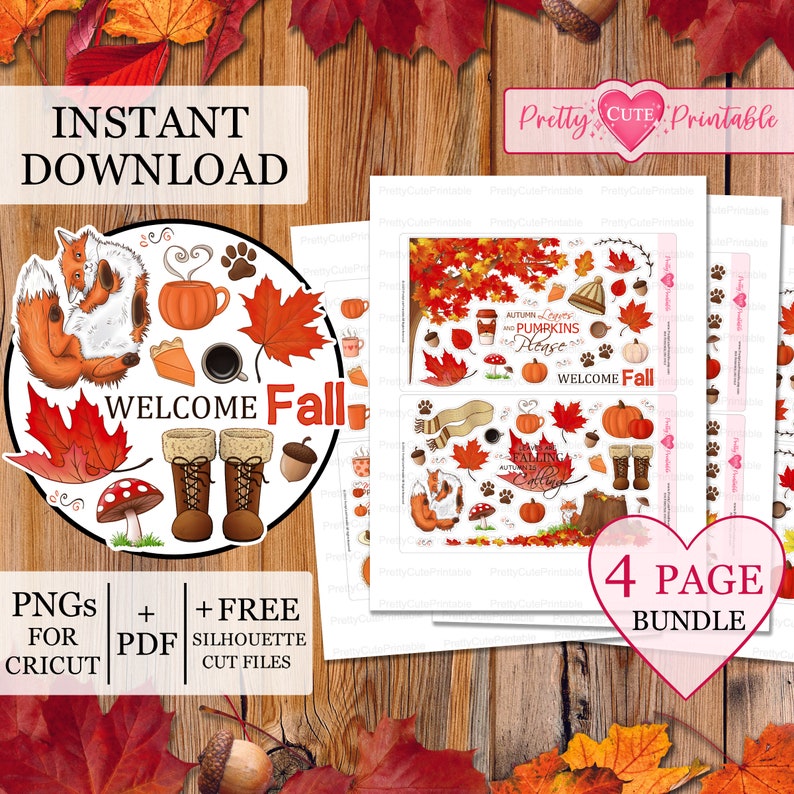 Puede incluir: Un paquete de descarga digital con gr&aacute;ficos tem&aacute;ticos de oto&ntilde;o. El dise&ntilde;o incluye un zorro, calabazas, hojas, botas y el texto "WELCOME Fall". El paquete incluye archivos PNG y PDF para Cricut, con archivos de corte de silueta gratuitos. La imagen tambi&eacute;n dice "4 PAGE BUNDLE".