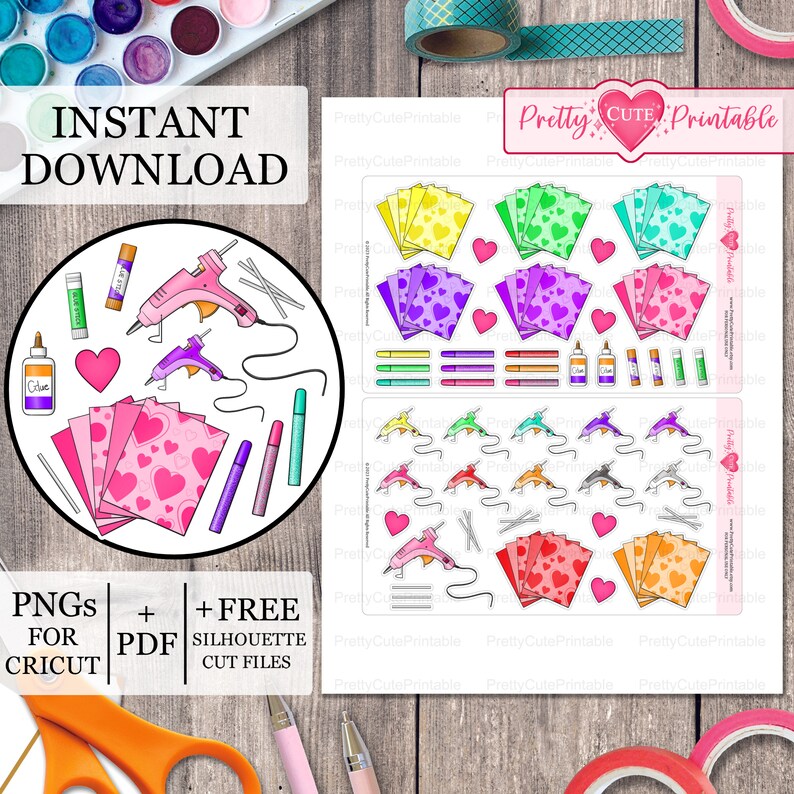 Pode incluir: Adesivos digitais imprim&iacute;veis para projetos de artesanato. Os adesivos apresentam uma variedade de cora&ccedil;&otilde;es coloridos, pistolas de cola e outros materiais de artesanato. O texto "Pretty Cutie Printable" &eacute; vis&iacute;vel nos adesivos.